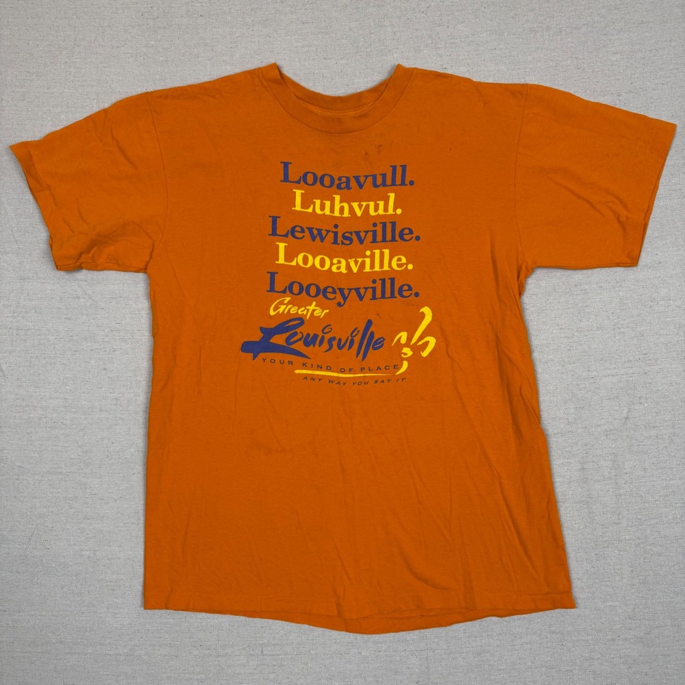 Anvil Louisville Pronunciation Tee L 21x27 Vintage Graphic Orange USA Made Retro